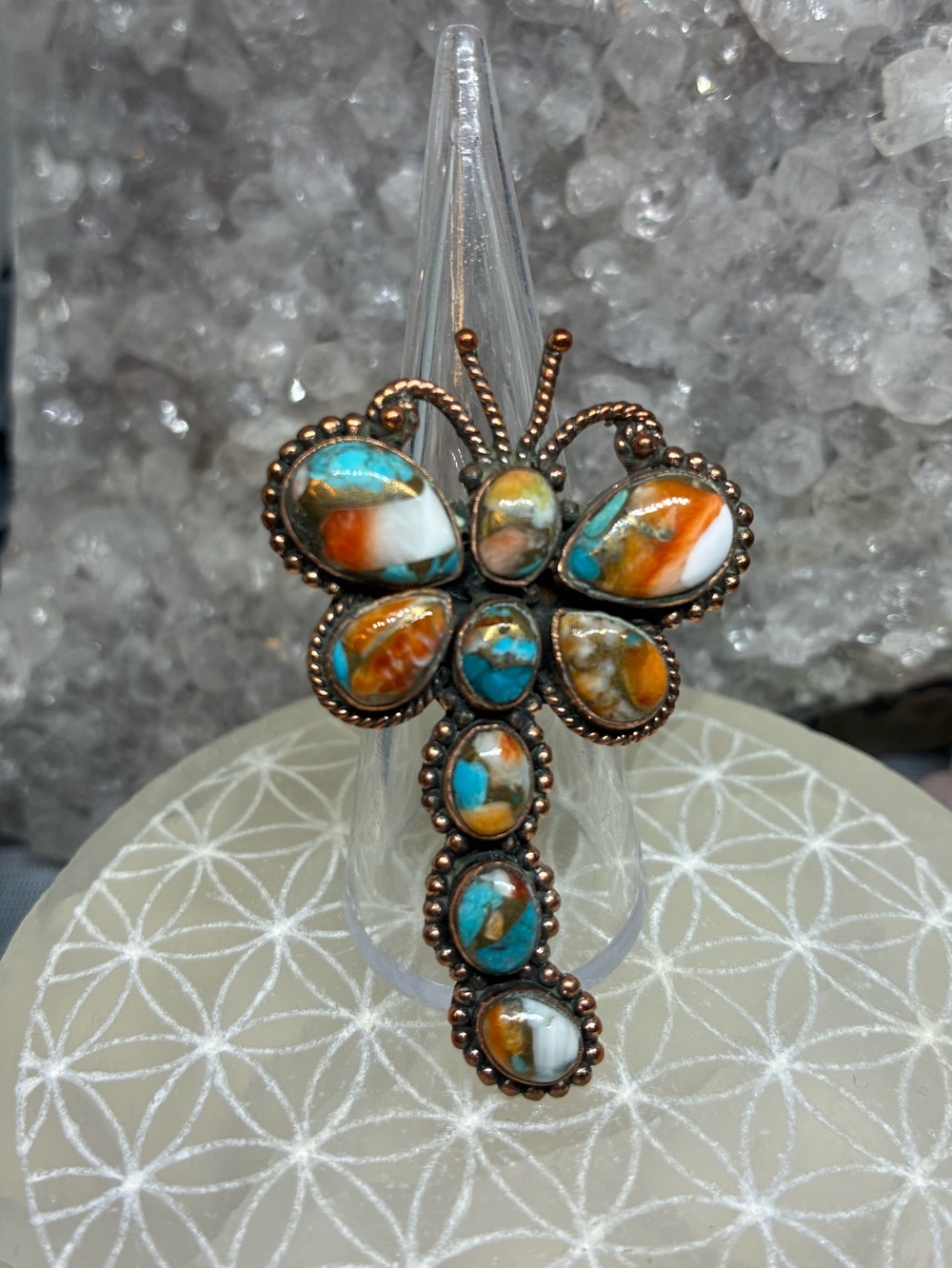 Copper Dragonfly Ring with Spiny Oyster Inlay
